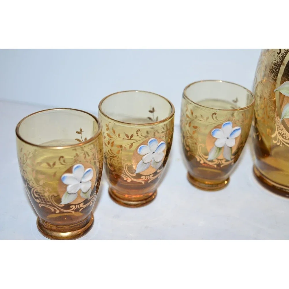 Vtg Murano Venetian Art Glass Decanter Cordial Glass set gold Barware flaws‎